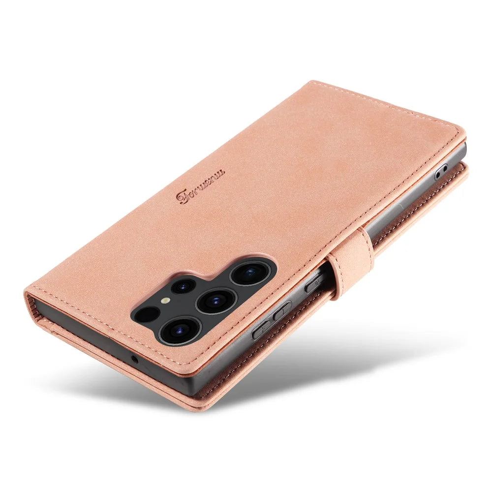 FORWENW F1 Series For Samsung Galaxy S24 Ultra Cell Phone Cover Flip Leather Wallet Stand Case - Rose Gold - 5