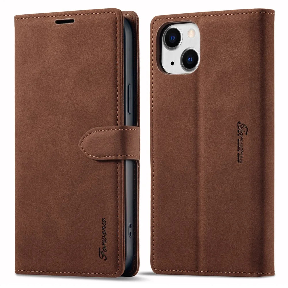 FORWENW F1 Series For iPhone 15 Cell Phone Case PU Leather Wallet Stand Shockproof Cover - Brown - 1