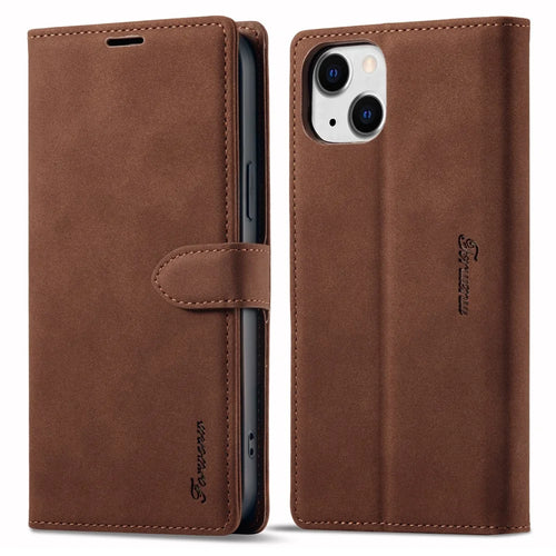 FORWENW F1 Series For iPhone 15 Cell Phone Case PU Leather Wallet Stand Shockproof Cover - Brown - 1