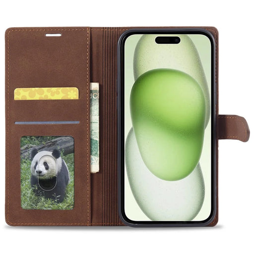 FORWENW F1 Series For iPhone 15 Cell Phone Case PU Leather Wallet Stand Shockproof Cover - Brown - 2