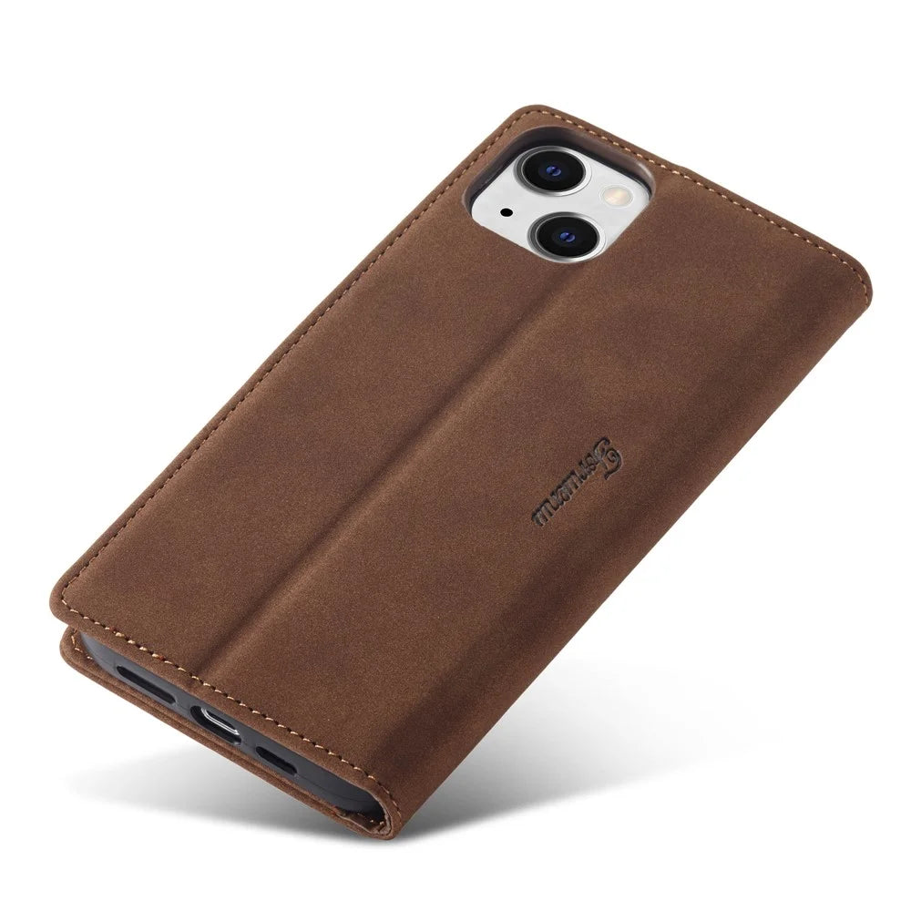 FORWENW F1 Series For iPhone 15 Cell Phone Case PU Leather Wallet Stand Shockproof Cover - Brown - 4