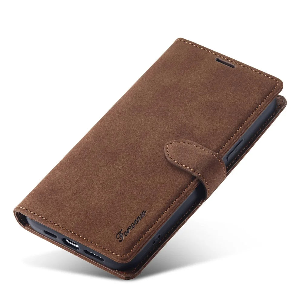 FORWENW F1 Series For iPhone 15 Cell Phone Case PU Leather Wallet Stand Shockproof Cover - Brown - 5