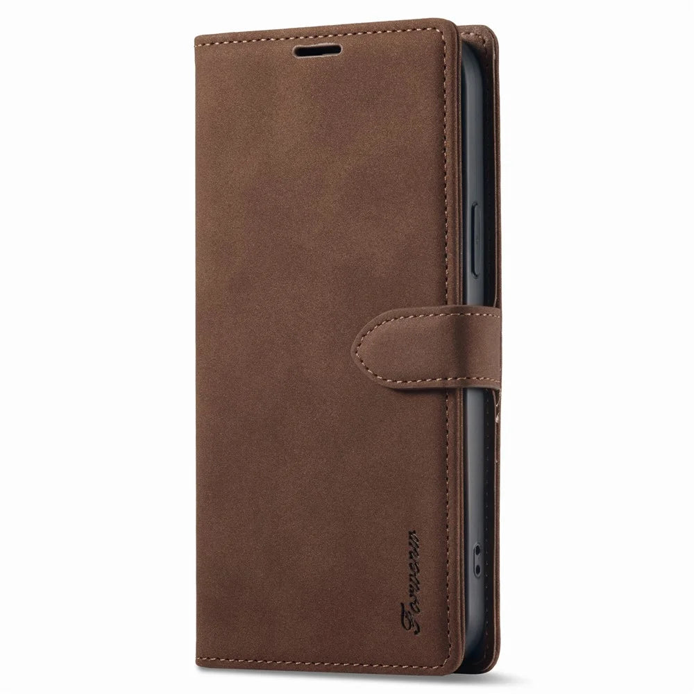 FORWENW F1 Series For iPhone 15 Cell Phone Case PU Leather Wallet Stand Shockproof Cover - Brown - 6
