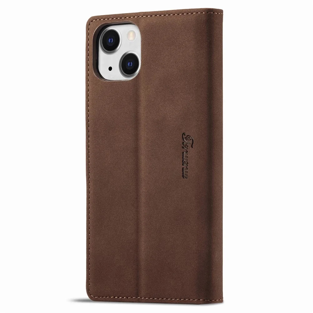 FORWENW F1 Series For iPhone 15 Cell Phone Case PU Leather Wallet Stand Shockproof Cover - Brown - 7