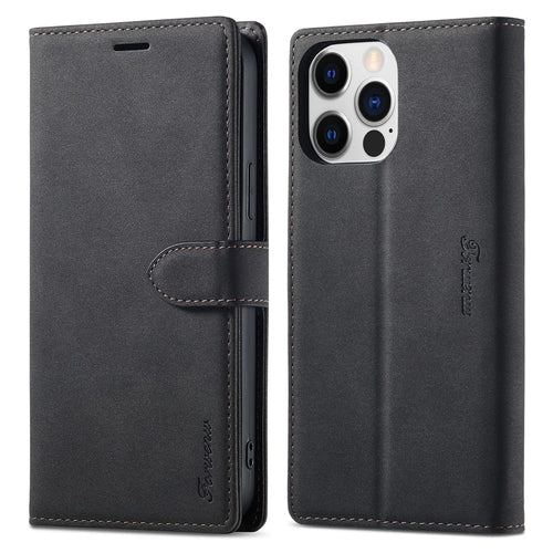 FORWENW F1 Series For iPhone 15 Pro Max PU Leather Case Phone Wallet Stand Protective Cover - Black - 1