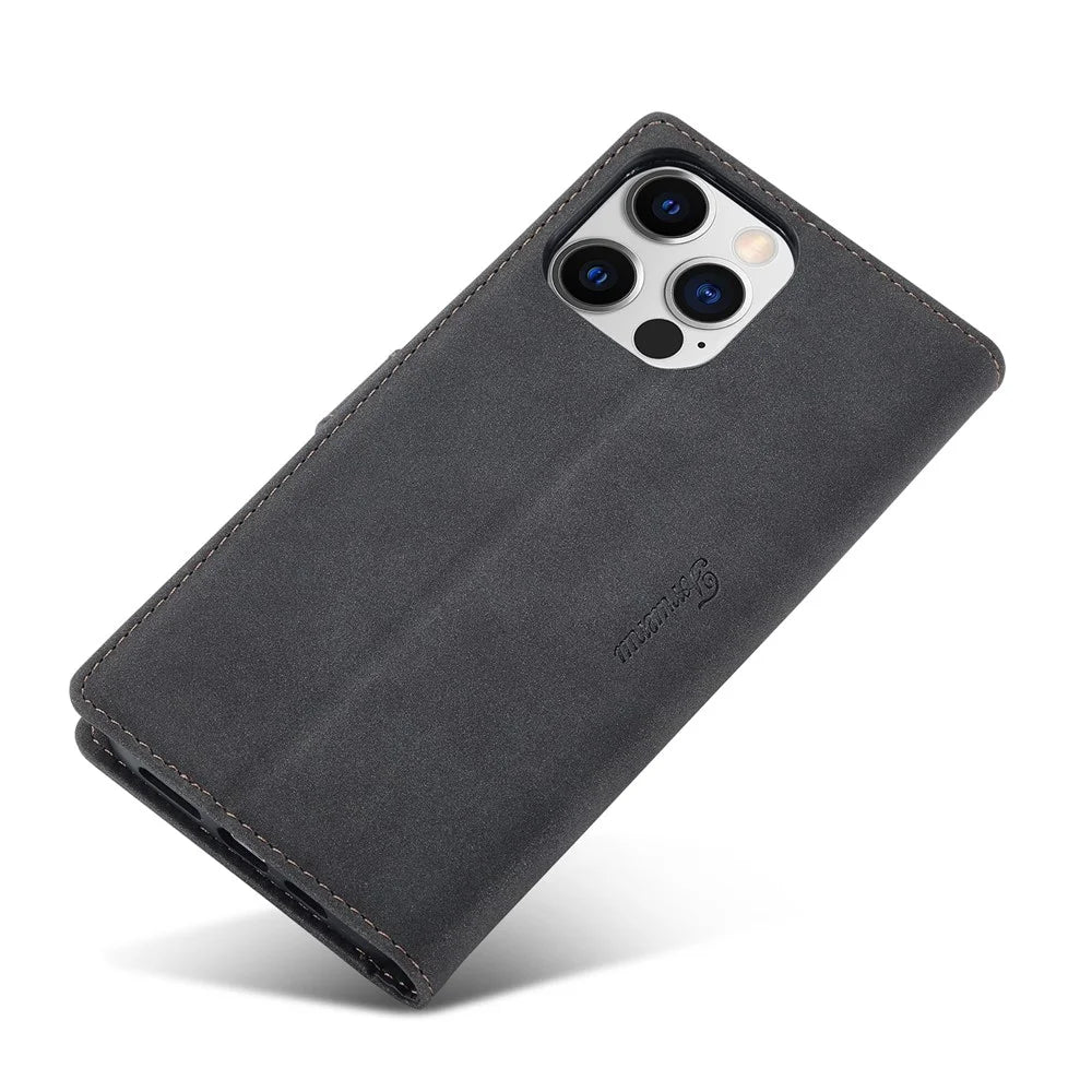 FORWENW F1 Series For iPhone 15 Pro Max PU Leather Case Phone Wallet Stand Protective Cover - Black - 4