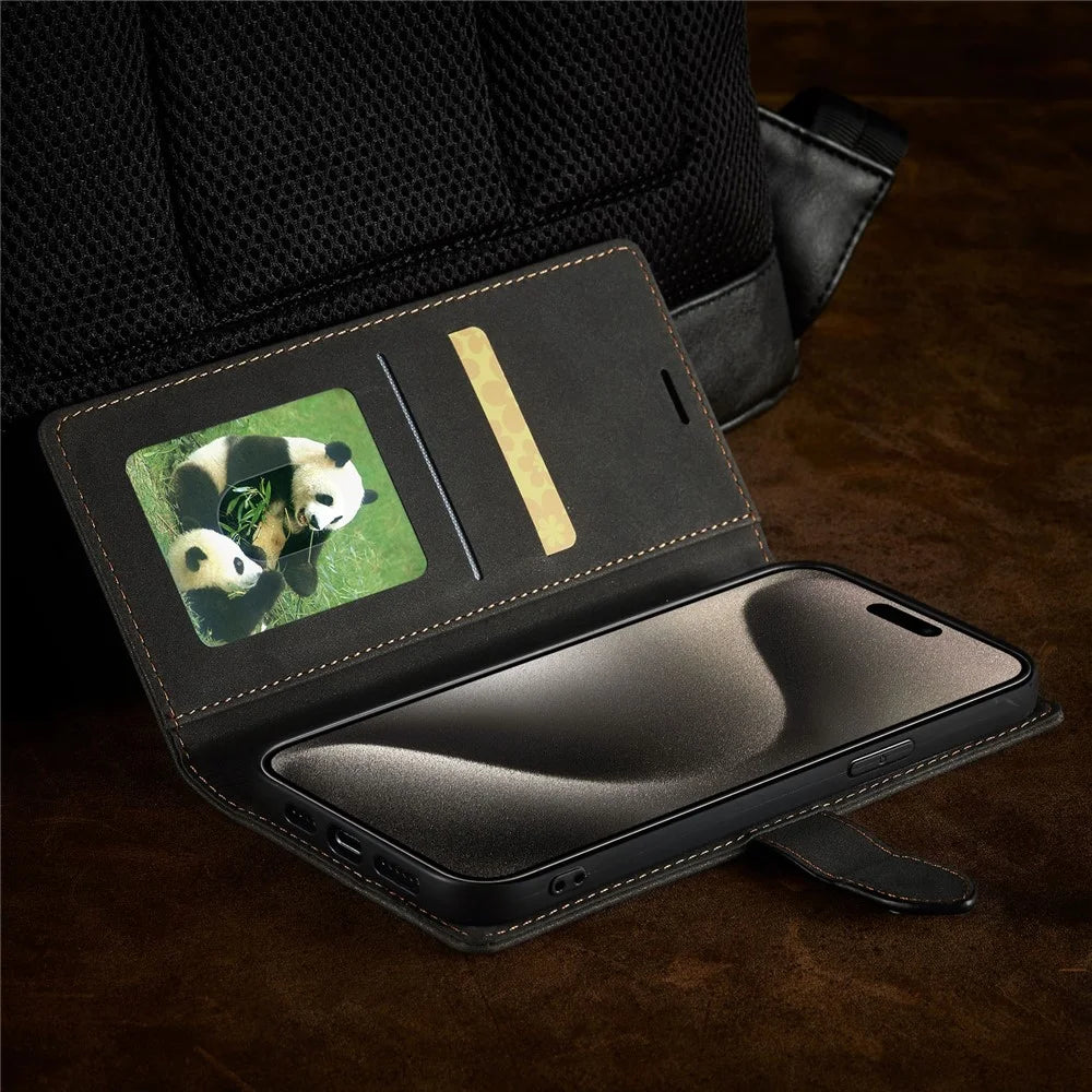 FORWENW F1 Series For iPhone 15 Pro Max PU Leather Case Phone Wallet Stand Protective Cover - Black - 6