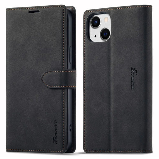 FORWENW F1 Series For iPhone 15 Plus Case Viewing Stand PU Leather Flip Cell Phone Cover - Black - 1