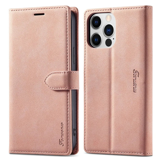 FORWENW F1 Series For iPhone 15 Pro Case PU Leather Magnetic Clasp Full Protection Phone Wallet Cover - Rose Gold - 1