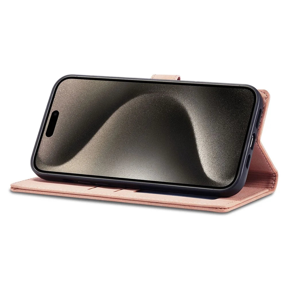 FORWENW F1 Series For iPhone 15 Pro Case PU Leather Magnetic Clasp Full Protection Phone Wallet Cover - Rose Gold - 3