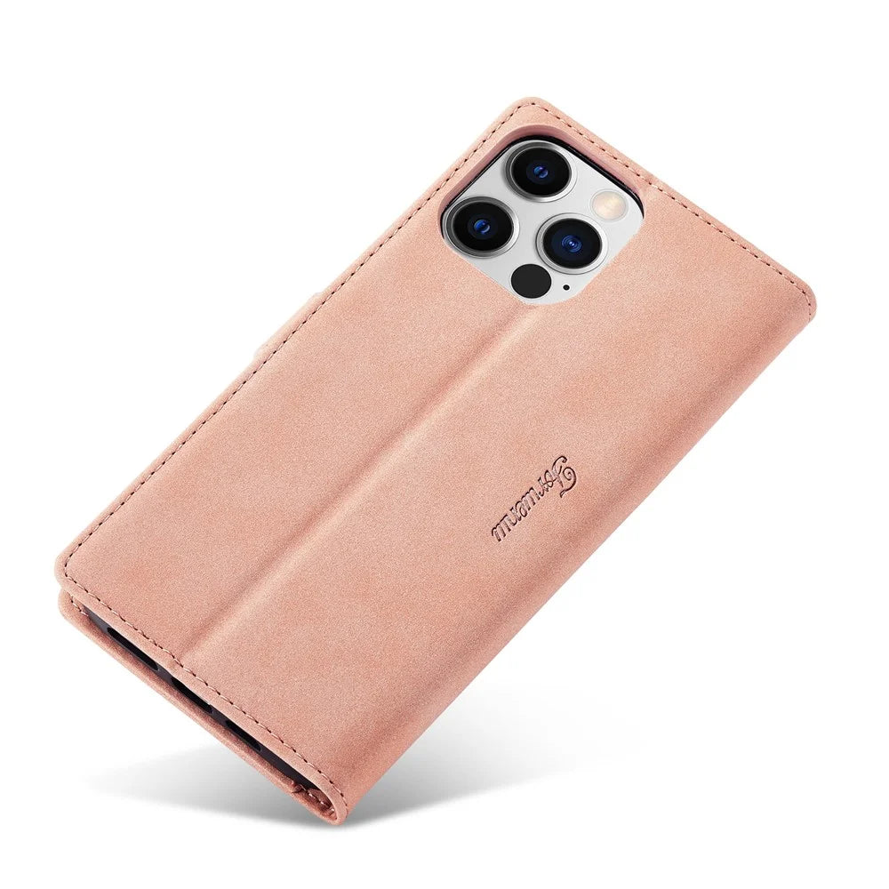 FORWENW F1 Series For iPhone 15 Pro Case PU Leather Magnetic Clasp Full Protection Phone Wallet Cover - Rose Gold - 4