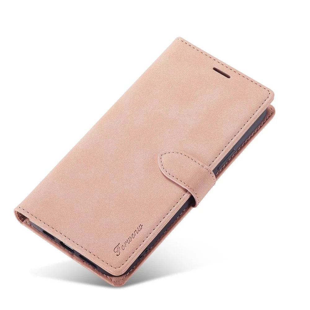 FORWENW F1 Series For iPhone 15 Pro Case PU Leather Magnetic Clasp Full Protection Phone Wallet Cover - Rose Gold - 5