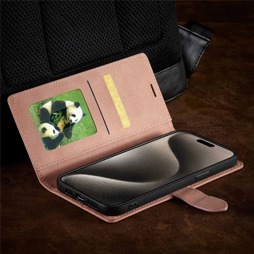 FORWENW F1 Series For iPhone 15 Pro Case PU Leather Magnetic Clasp Full Protection Phone Wallet Cover - Rose Gold - 6