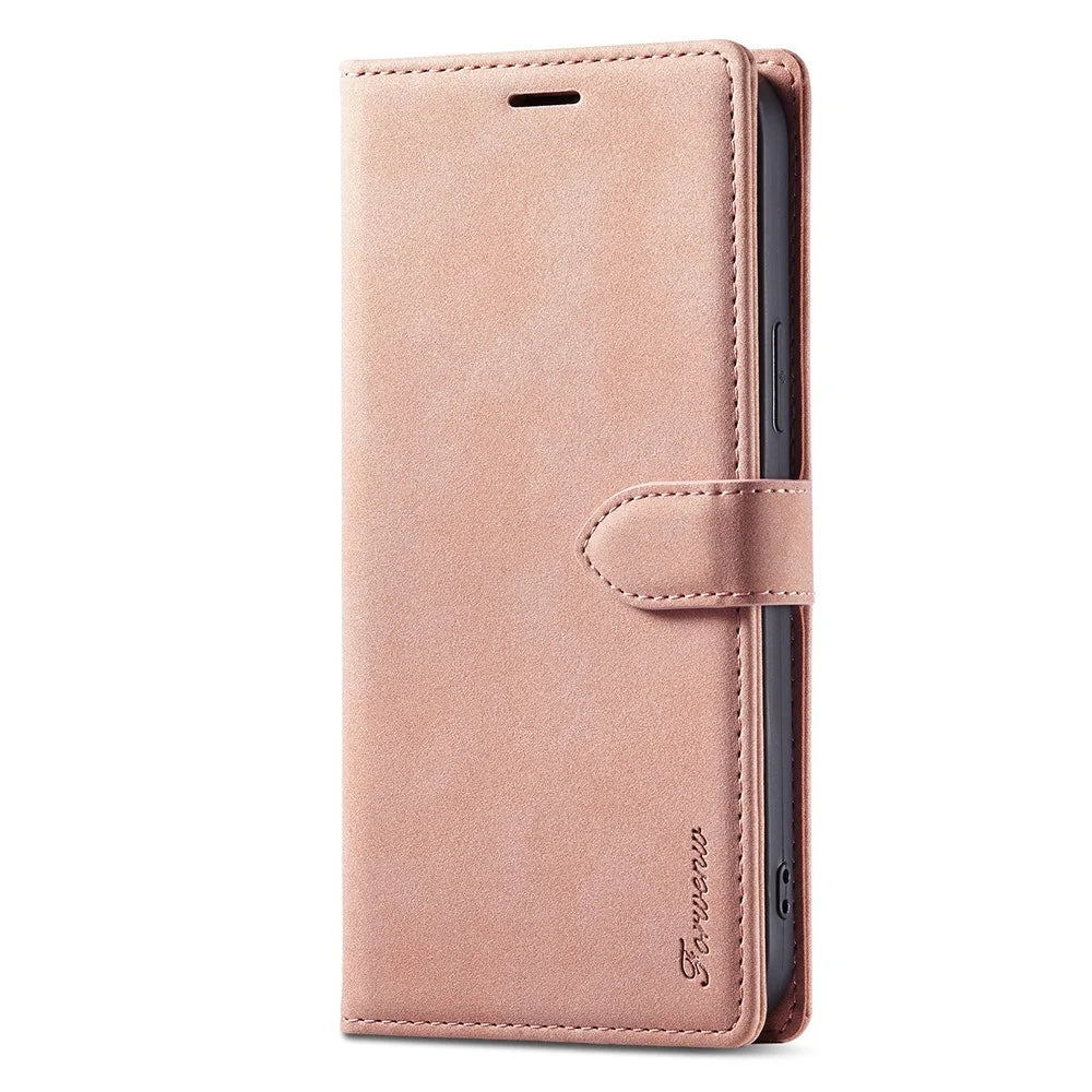FORWENW F1 Series For iPhone 15 Pro Case PU Leather Magnetic Clasp Full Protection Phone Wallet Cover - Rose Gold - 7
