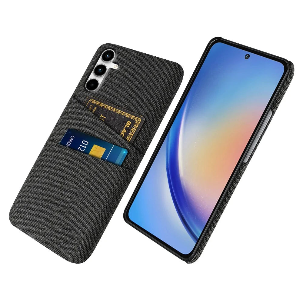 For Samsung Galaxy A55 5G Case with Dual Card Holder Cloth Texture Phone Cover - Black - 1