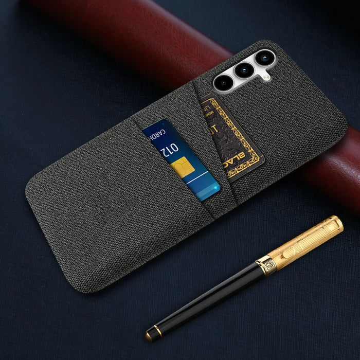 For Samsung Galaxy A55 5G Case with Dual Card Holder Cloth Texture Phone Cover - Black - 5