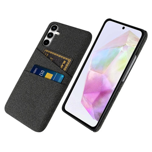 For Samsung Galaxy A35 5G Slim-Fit Cell Phone Case Dual Card Slots PC+Cloth Phone Back Shell - Black - 1
