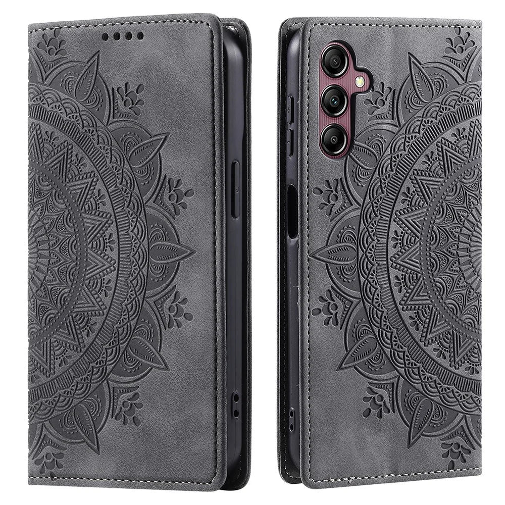 For Samsung Galaxy A55 5G Leather Case Mandala Flower Wallet Phone Cover - Grey - 1