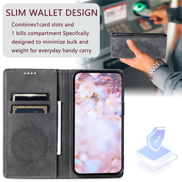 For Samsung Galaxy A55 5G Leather Case Mandala Flower Wallet Phone Cover - Grey - 6