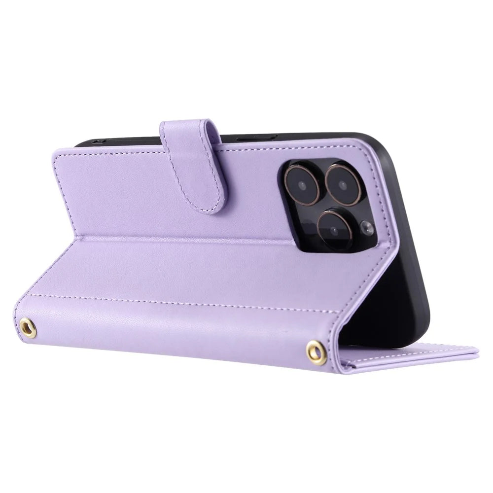 For iPhone 13 Pro Max Crossbody Phone Case Leather Cover Stitching Rhombus Grid - Purple - 3