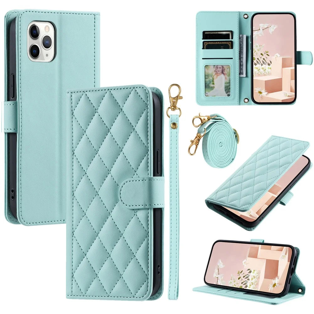 For iPhone 11 Pro Wallet Case Rhombus Grid Crossbody Leather Phone Cover - Mint Green - 1