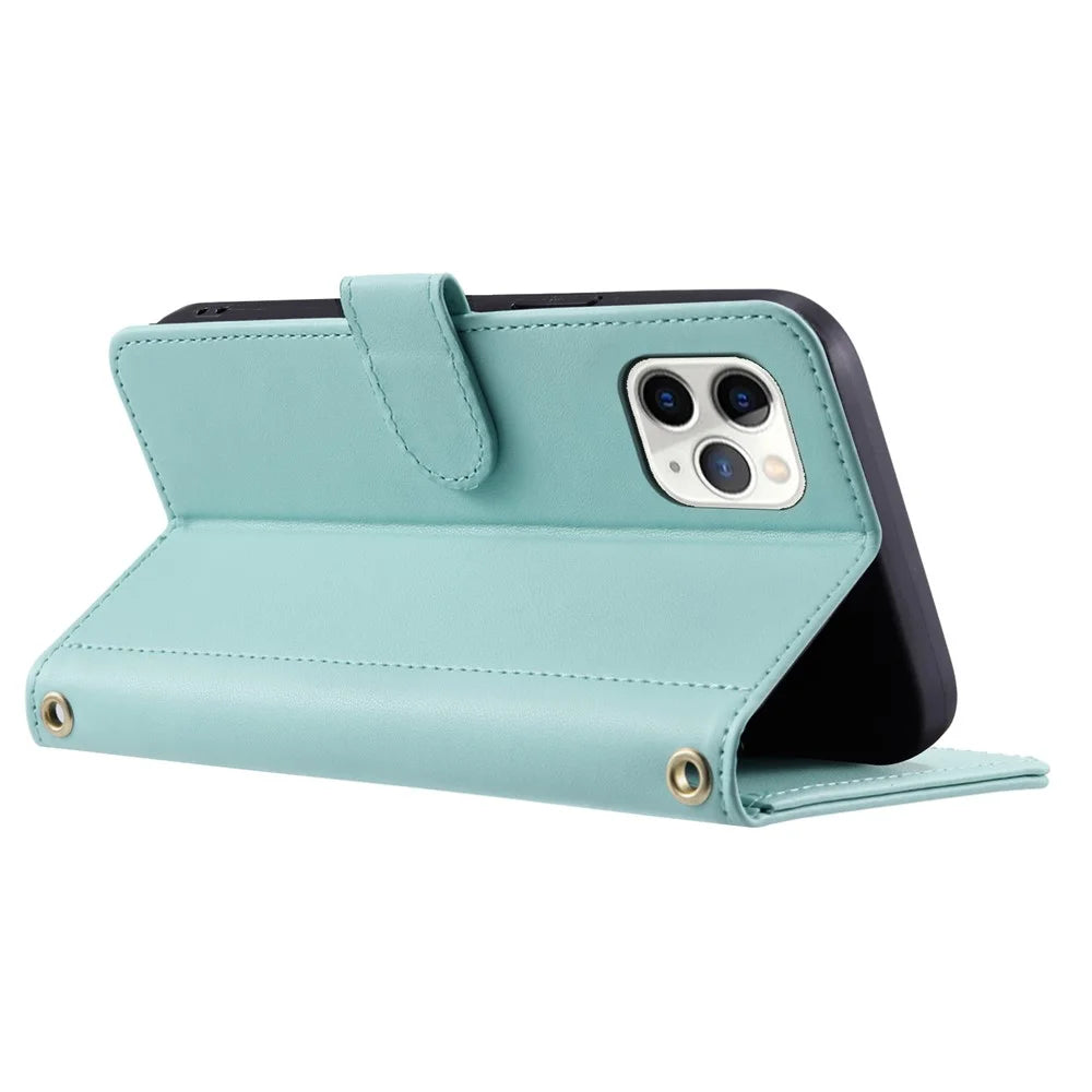 For iPhone 11 Pro Wallet Case Rhombus Grid Crossbody Leather Phone Cover - Mint Green - 3