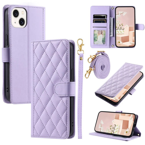 For iPhone 15 Leather Case Wallet Crossbody Phone Cover with 2 Straps - Purple - 1