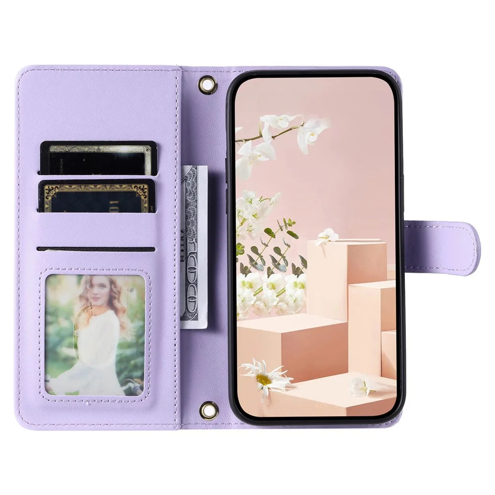 For iPhone 15 Leather Case Wallet Crossbody Phone Cover with 2 Straps - Purple - 2