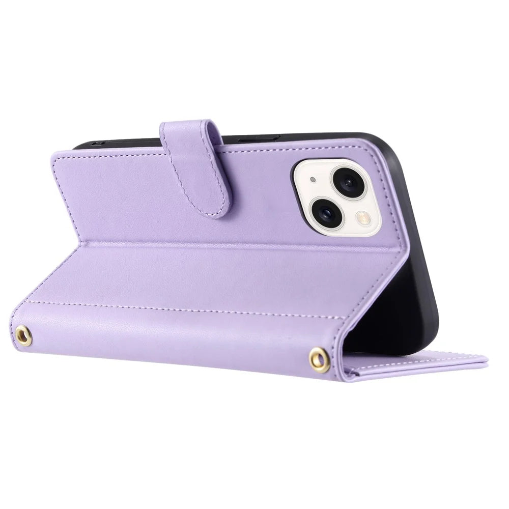 For iPhone 15 Leather Case Wallet Crossbody Phone Cover with 2 Straps - Purple - 3