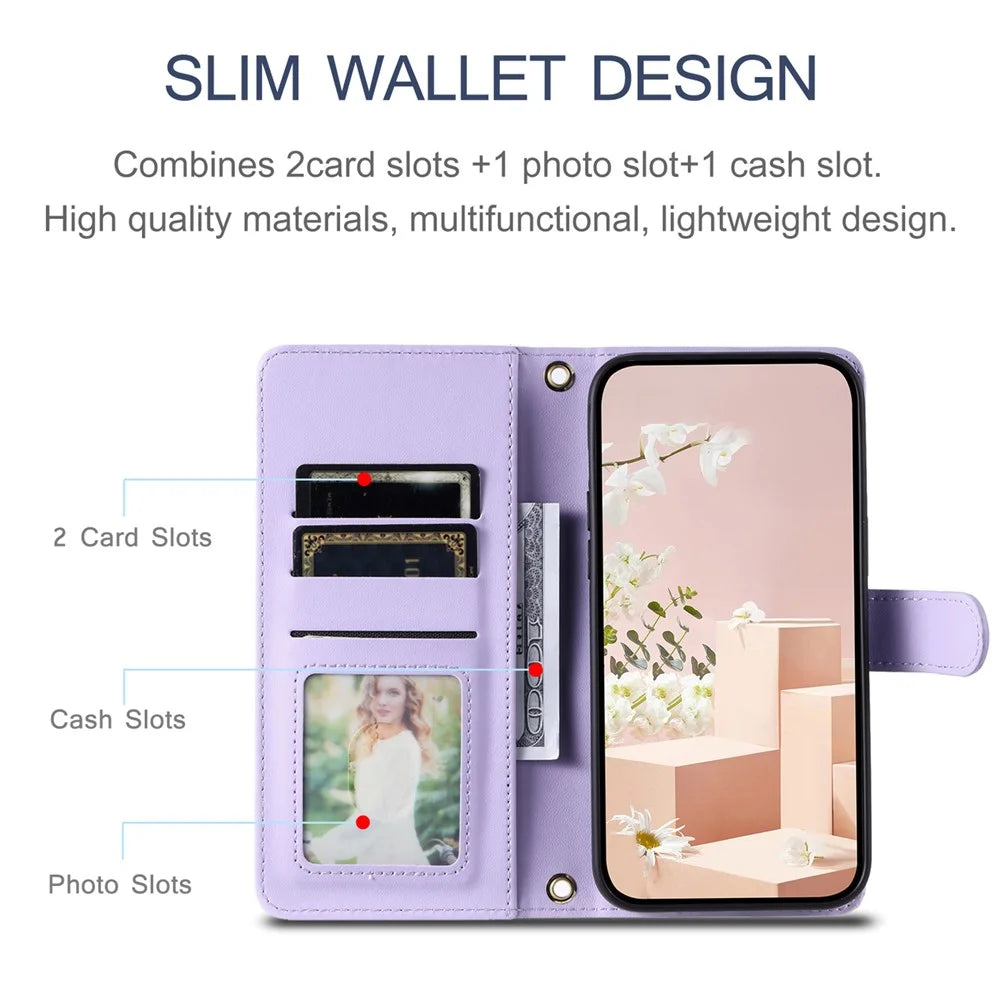 For iPhone 15 Leather Case Wallet Crossbody Phone Cover with 2 Straps - Purple - 6