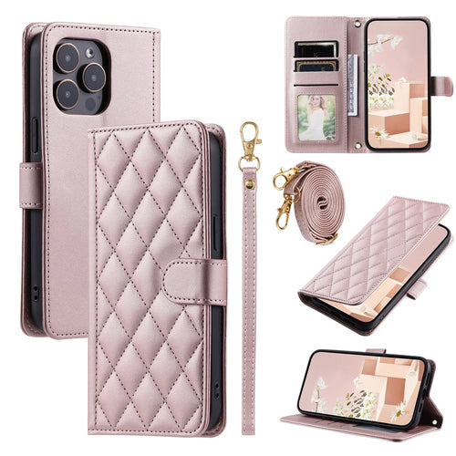 For iPhone 15 Pro Case Rhombus Grid Leather Wallet Phone Cover with 2 Straps - Rose Gold - 1