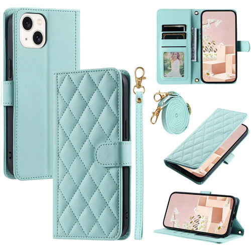 For iPhone 13 mini Crossbody Phone Case Wallet PU Leather Stand Cover - Mint Green - 1