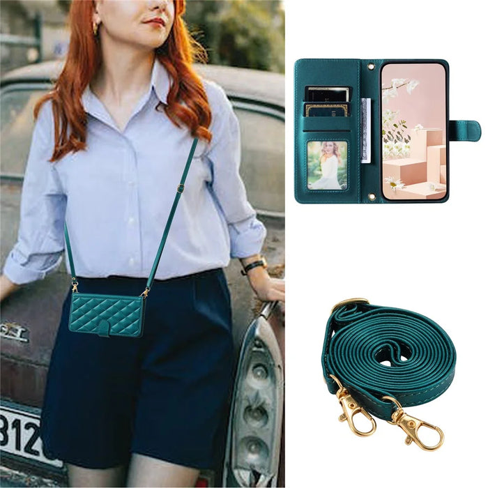 For iPhone 11 Pro Max Leather Case Stitching Rhombus Grid Crossbody Phone Cover - Green - 5