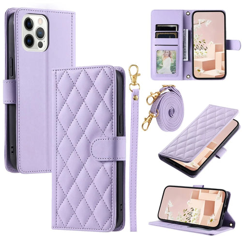 For iPhone 12 / 12 Pro Leather Case Wallet Stand Flip Phone Cover with 2 Straps - Purple - 1