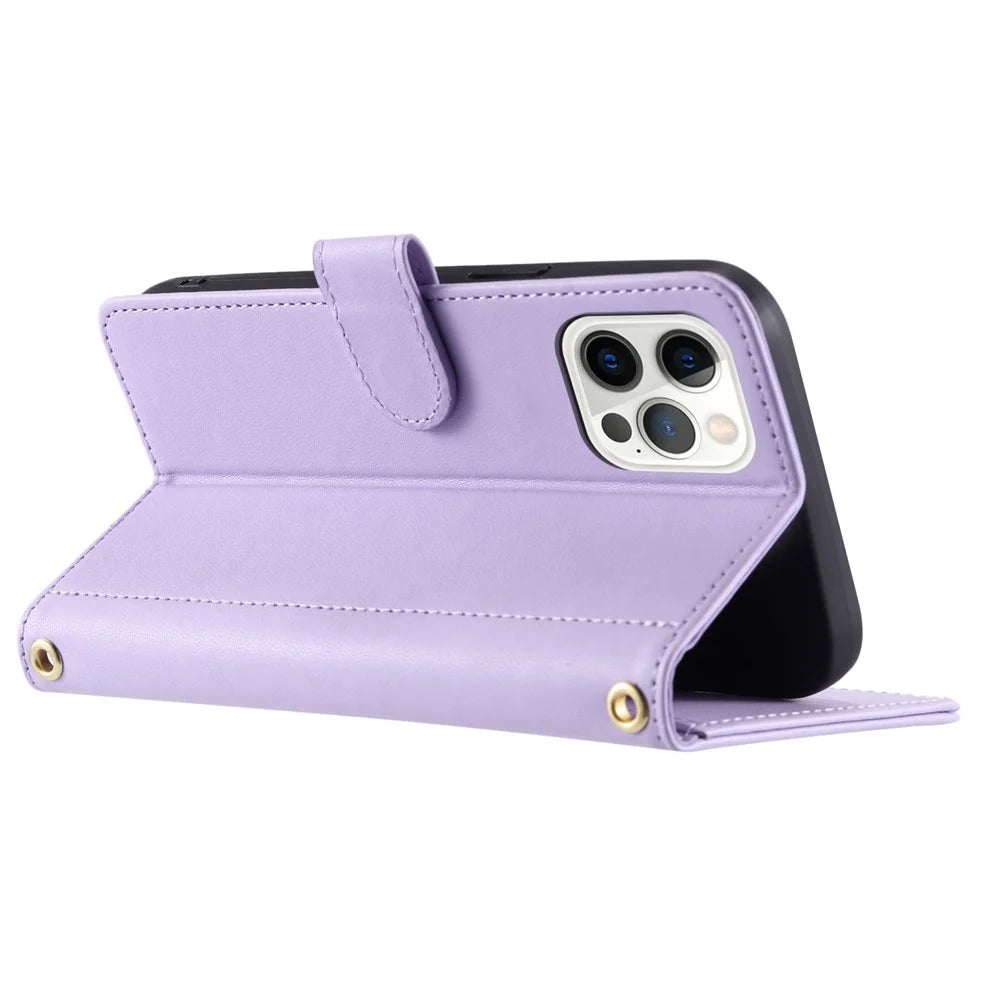 For iPhone 12 / 12 Pro Leather Case Wallet Stand Flip Phone Cover with 2 Straps - Purple - 3