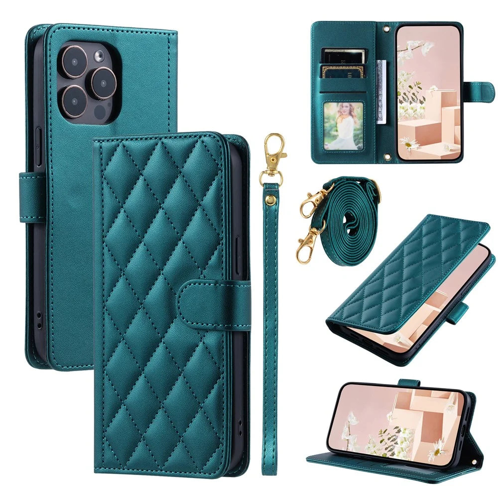 For iPhone 14 Pro Case Leather Phone Cover with Hand Strap and Shoulder Strap - Green - 1