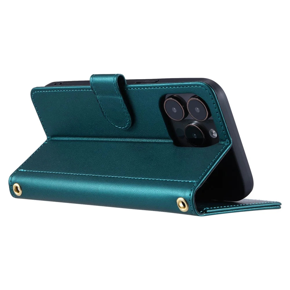 For iPhone 14 Pro Case Leather Phone Cover with Hand Strap and Shoulder Strap - Green - 3