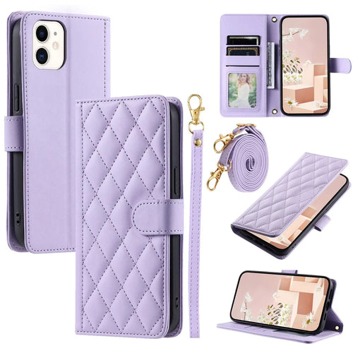 For iPhone 12 mini Leather Case Crossbody Phone Cover with 2 Straps - Purple - 1