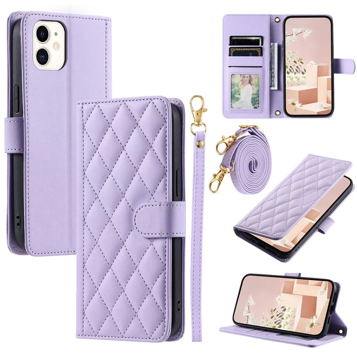 For iPhone 12 mini Leather Case Crossbody Phone Cover with 2 Straps - Purple - 1