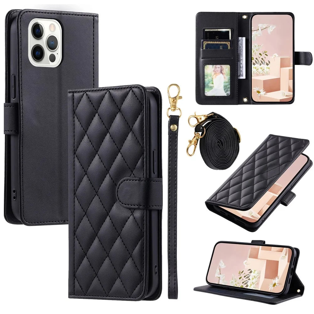 For iPhone 12 Pro Max Case Rhombus Grid PU Leather Wallet Phone Stand Cover - Black - 1