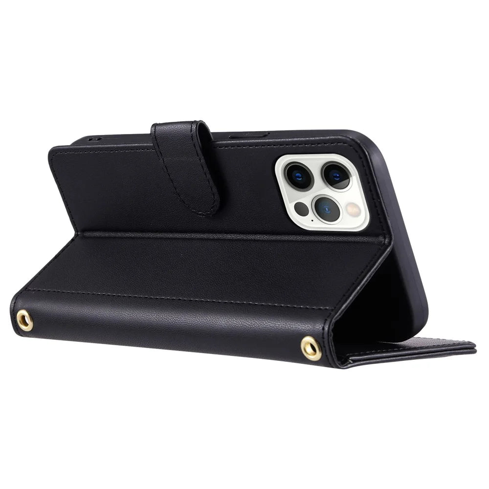 For iPhone 12 Pro Max Case Rhombus Grid PU Leather Wallet Phone Stand Cover - Black - 3