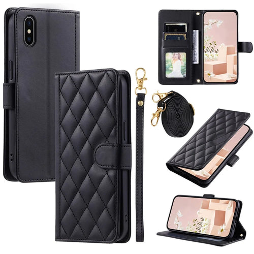 For iPhone XS Max Leather Wallet Case with Straps Rhombus Grid Phone Cover - Black - 1