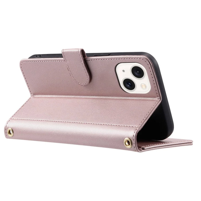 For iPhone 13 / 14 Leather Case with Straps Magnetic Clasp Wallet Phone Cover - Rose Gold - 3