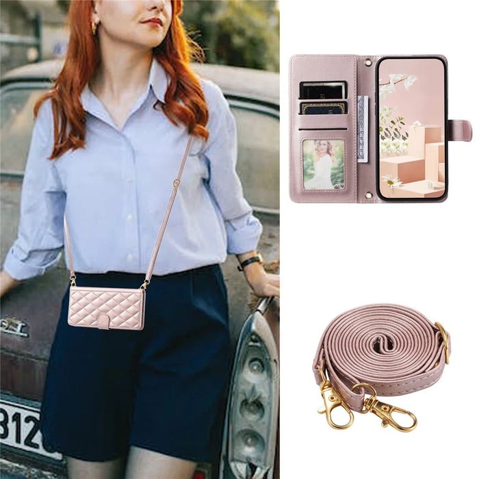 For iPhone 13 / 14 Leather Case with Straps Magnetic Clasp Wallet Phone Cover - Rose Gold - 5