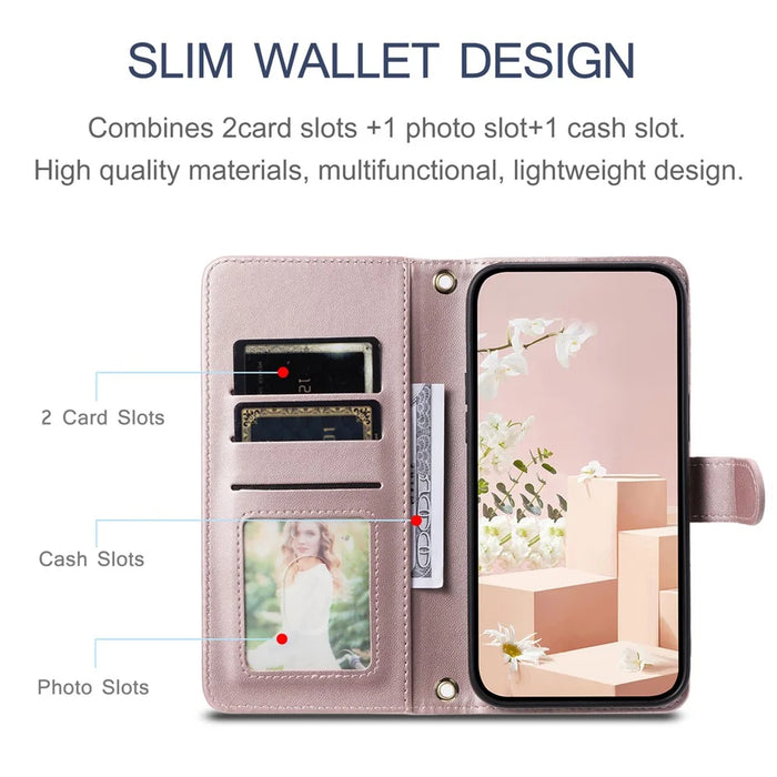 For iPhone 13 / 14 Leather Case with Straps Magnetic Clasp Wallet Phone Cover - Rose Gold - 6