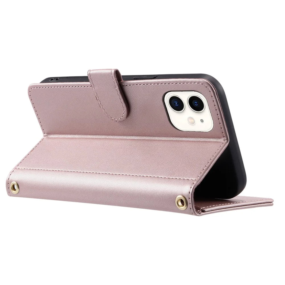 For iPhone 11 Case PU Leather Crossbody Phone Wallet Cover Stitching Rhombus Grid - Rose Gold - 3