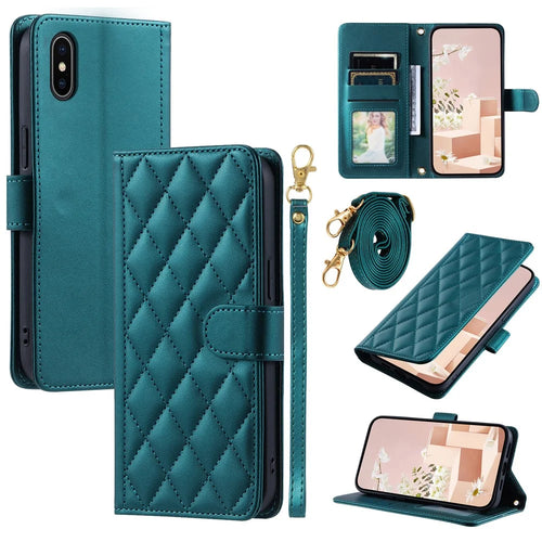 For iPhone X / XS Case Rhombus Grid Leather Phone Cover with Wallet Stand - Green - 1