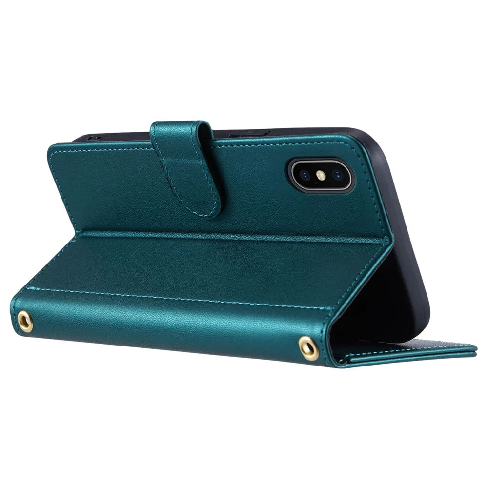 For iPhone X / XS Case Rhombus Grid Leather Phone Cover with Wallet Stand - Green - 3
