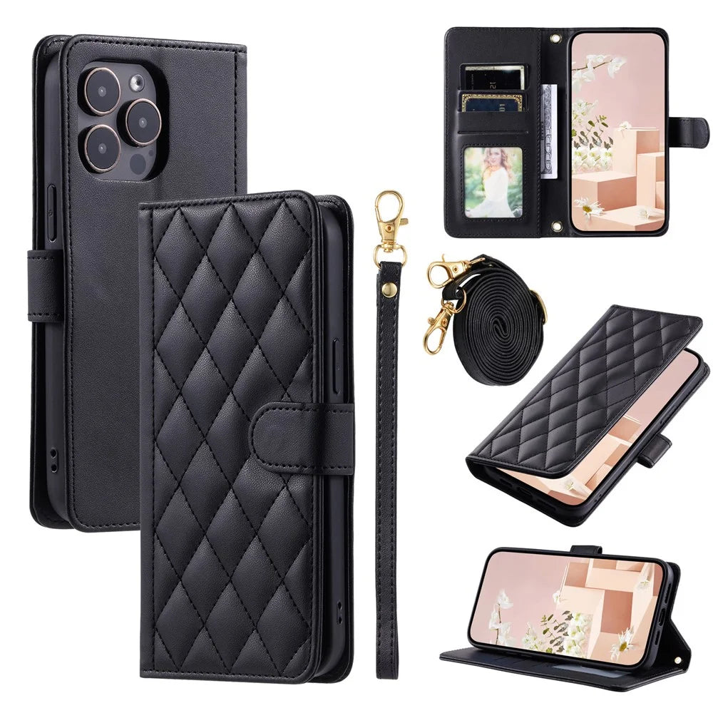 For iPhone 13 Pro Leather Case with Shoulder Strap Phone Wallet Cover - Black - 1