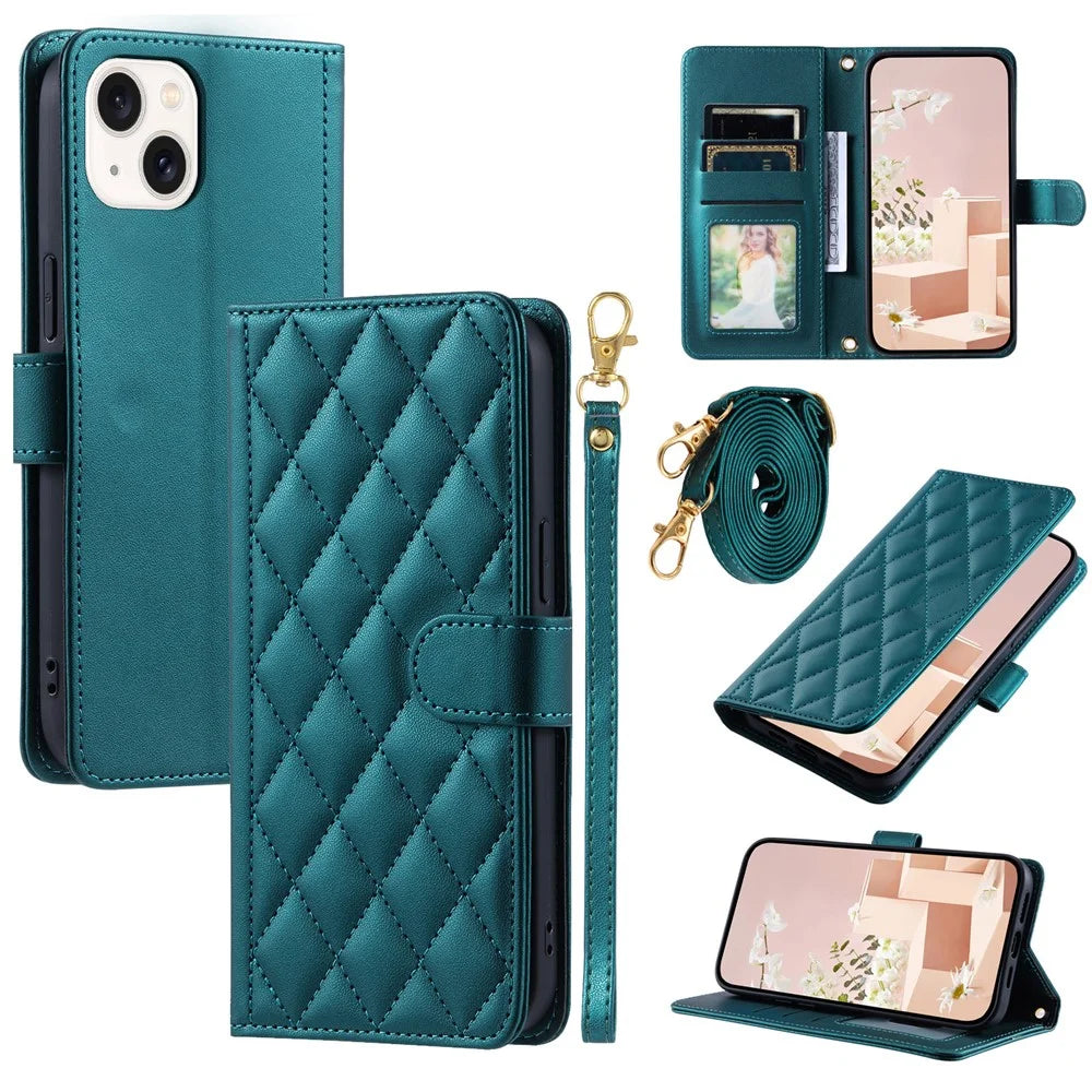 For iPhone 14 Plus Leather Stand Case Rhombus Grid Wallet Phone Cover - Green - 1